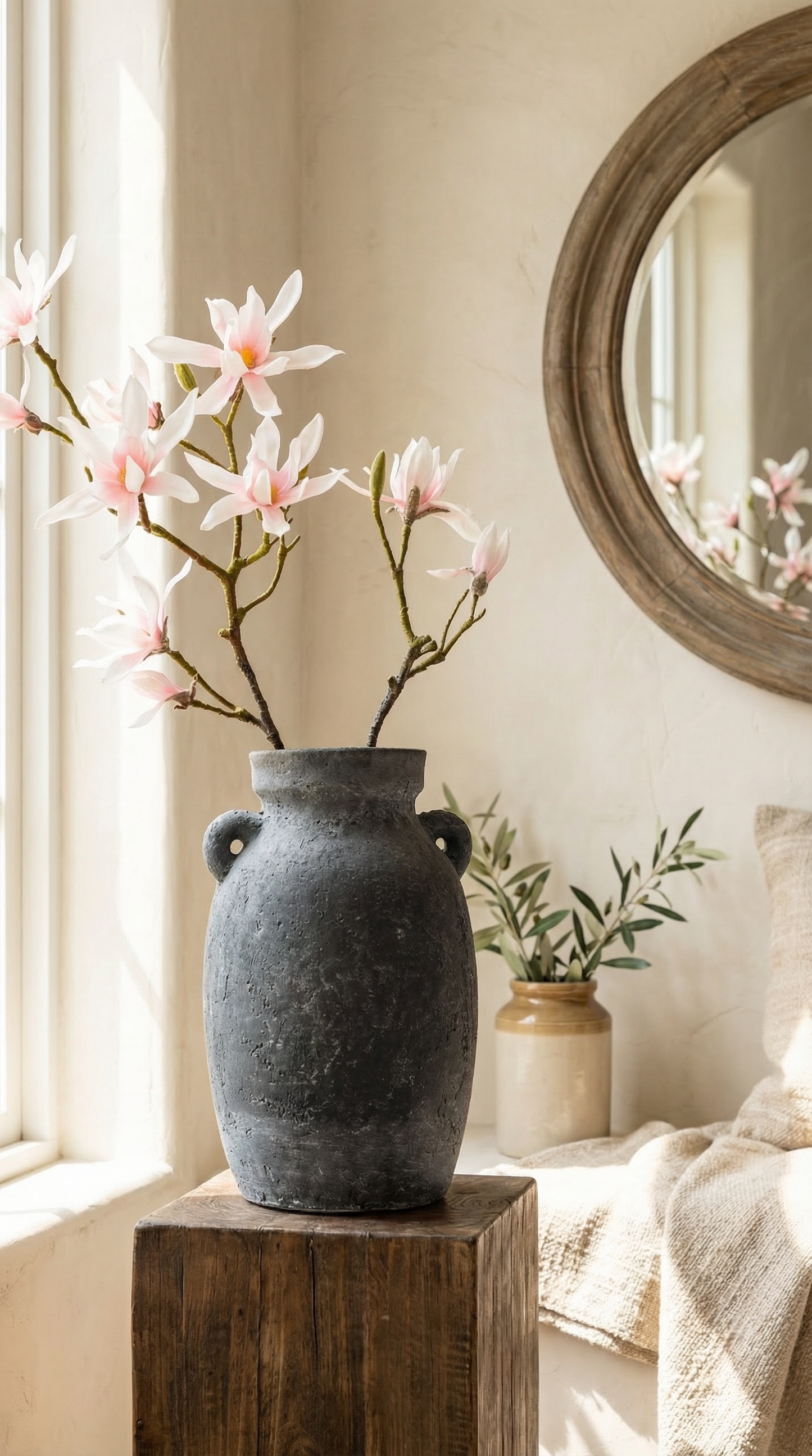 Terracotta Vase, Amphora Handles Charcoal Finish - Almera