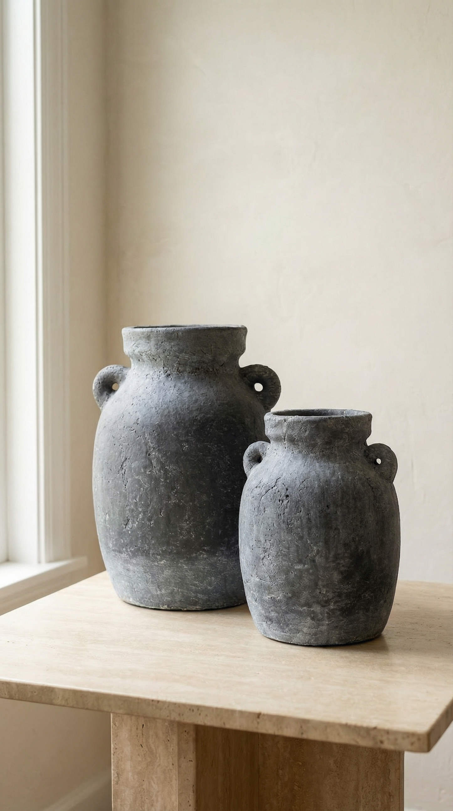 Terracotta Vase, Amphora Handles Charcoal Finish - Almera