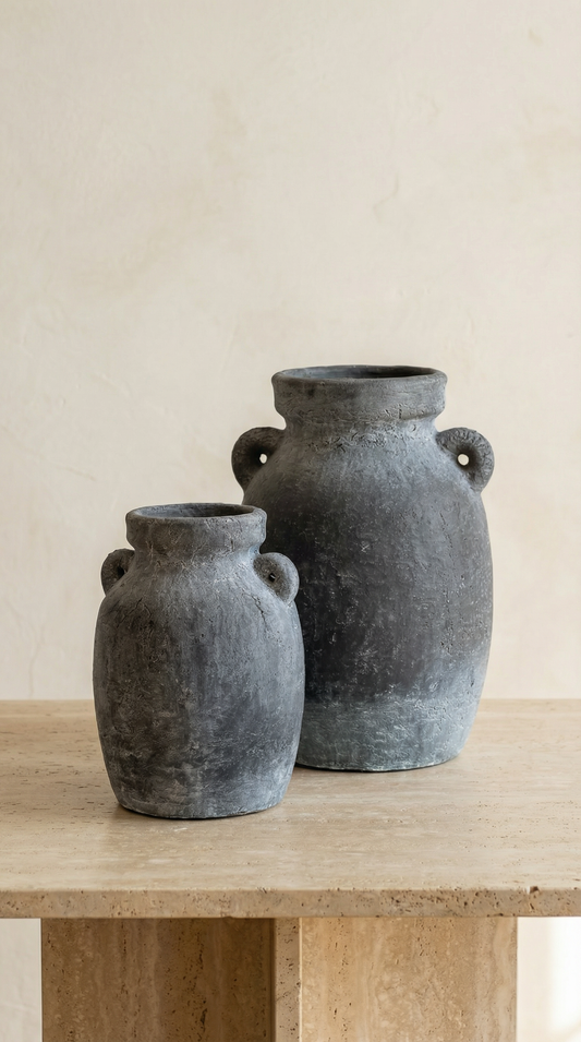 Terracotta Vase, Amphora Handles Charcoal Finish - Almera