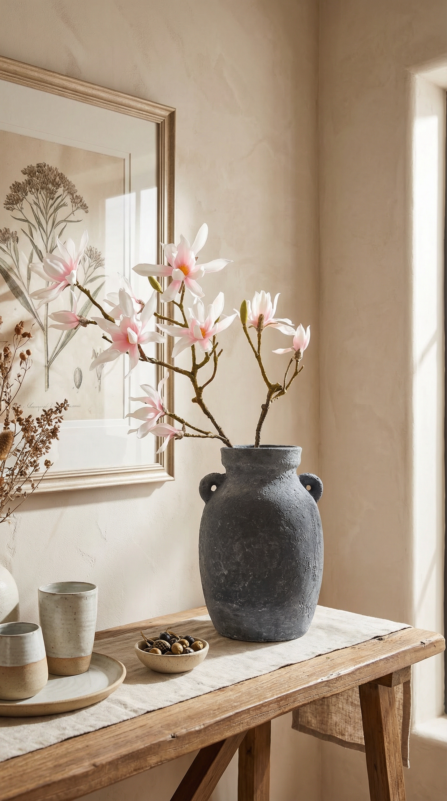 Terracotta Vase, Amphora Handles Charcoal Finish - Almera